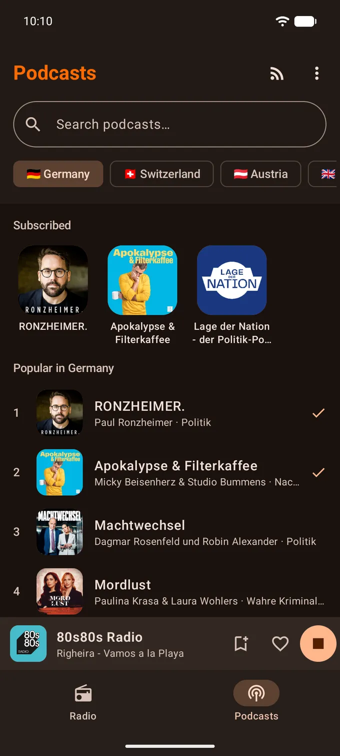 La scheda Podcast con le tue iscrizioni e le classifiche tedesche