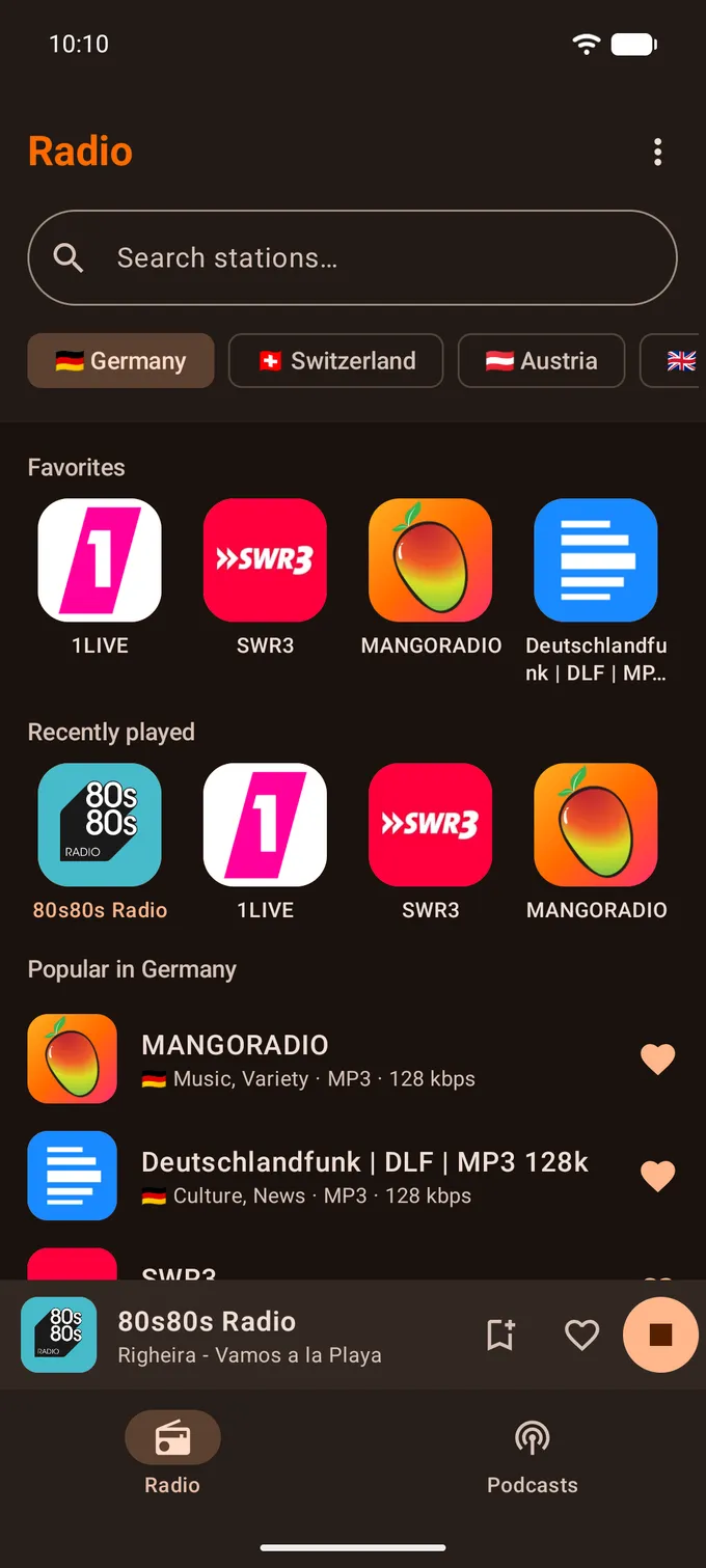 La scheda Radio con i preferiti e le stazioni popolari della Germania