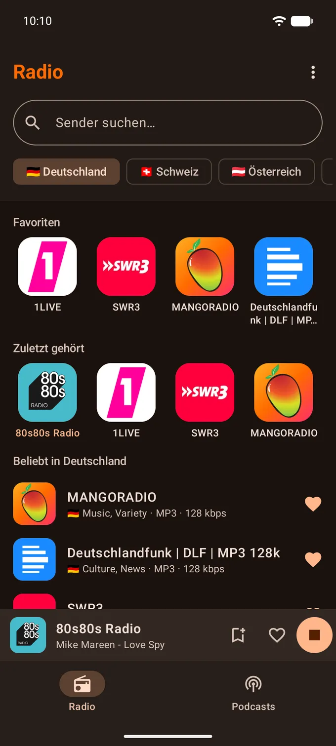 Der Radio-Tab mit Favoriten und beliebten Sendern aus Deutschland